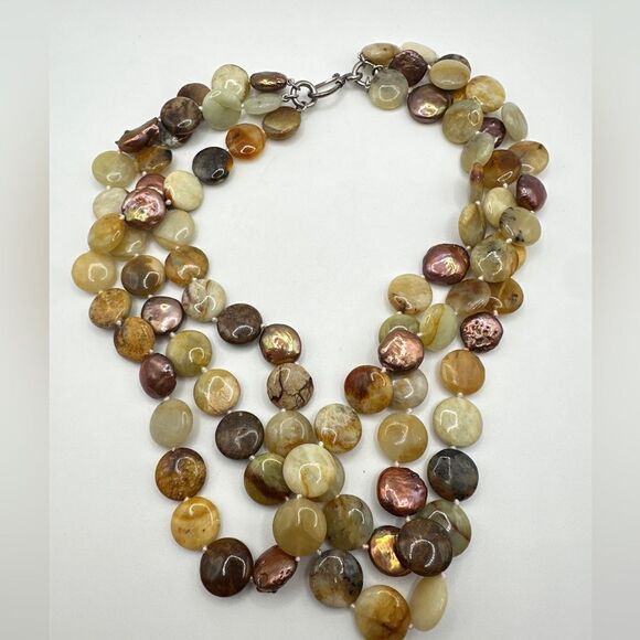 18", three strand jasper and pearl disk necklace with sterling silver clasp! - Picture 2 of 16